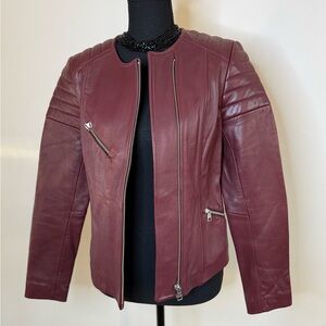 Soia & Kyo Burgundy Leather Moto Jacket Quilted Shoulder Zip Jacket Small